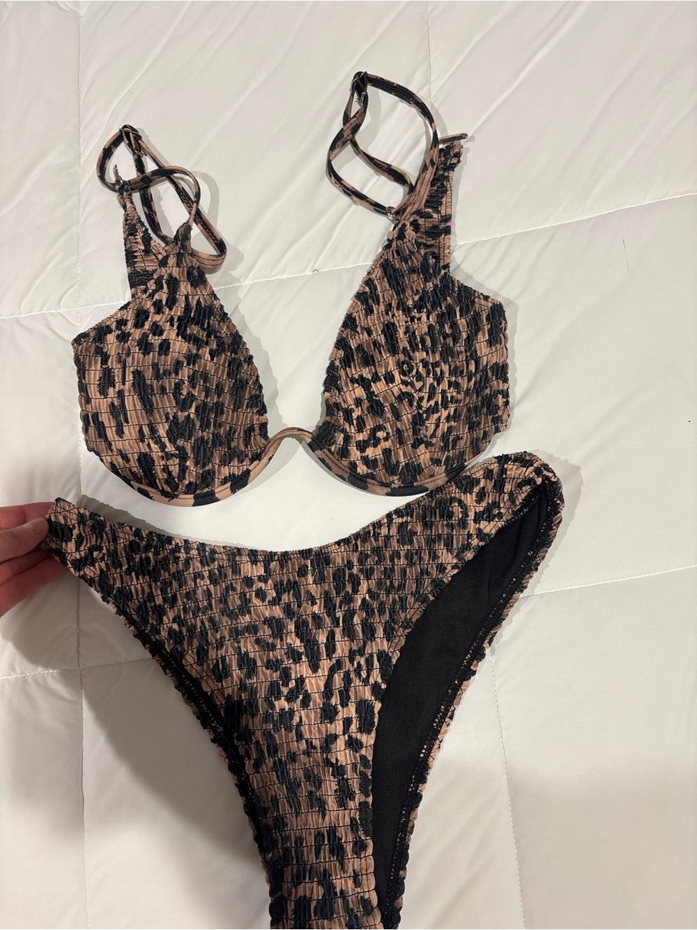 SHEIN Brown and Black Leopard Smocked Bikini Set